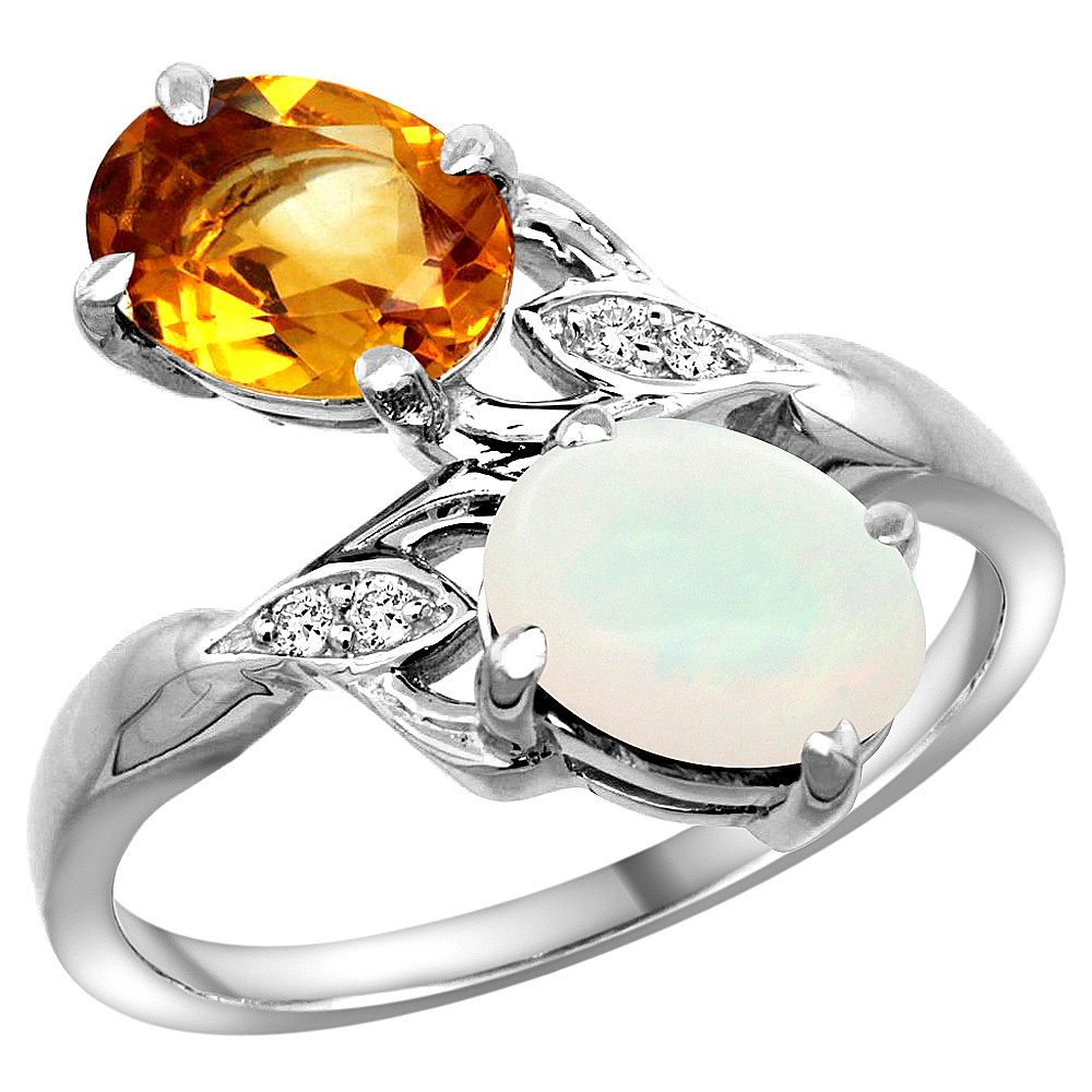 14K WHITE GOLD DIAMOND NATURAL CITRINE & OPAL 2-STONE RING OVAL 8X6MM, SIZES 5 - 10