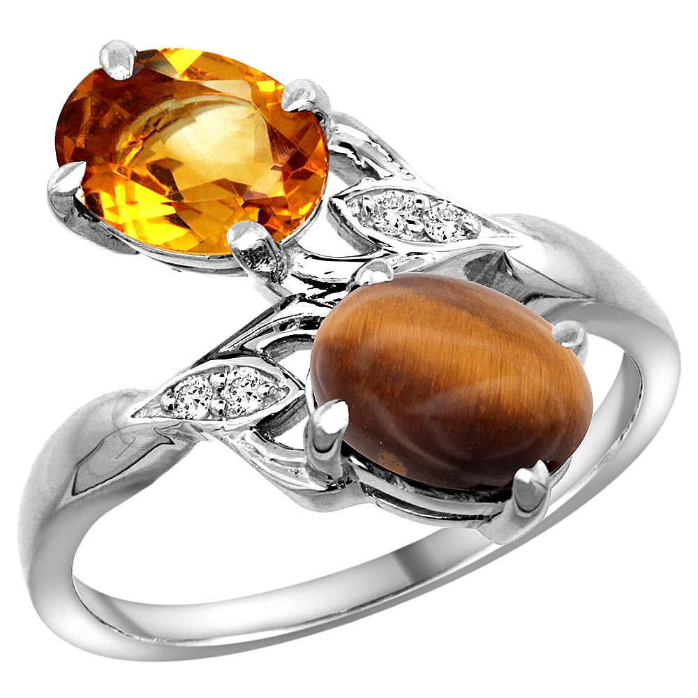 14K WHITE GOLD DIAMOND NATURAL CITRINE & TIGER EYE 2-STONE RING OVAL 8X6MM, SIZES 5 - 10