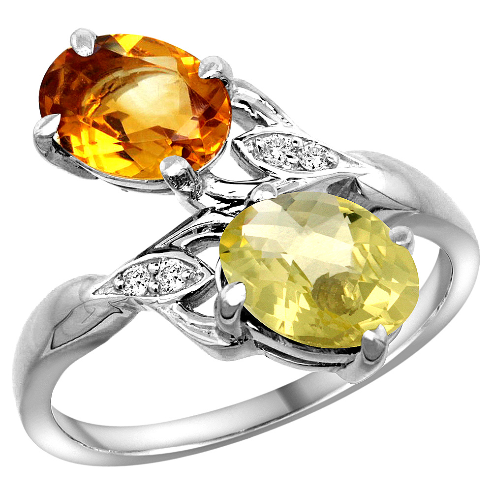 14k White Gold Diamond Natural Citrine & Lemon Quartz 2-stone Ring Oval 8x6mm, sizes 5 - 10