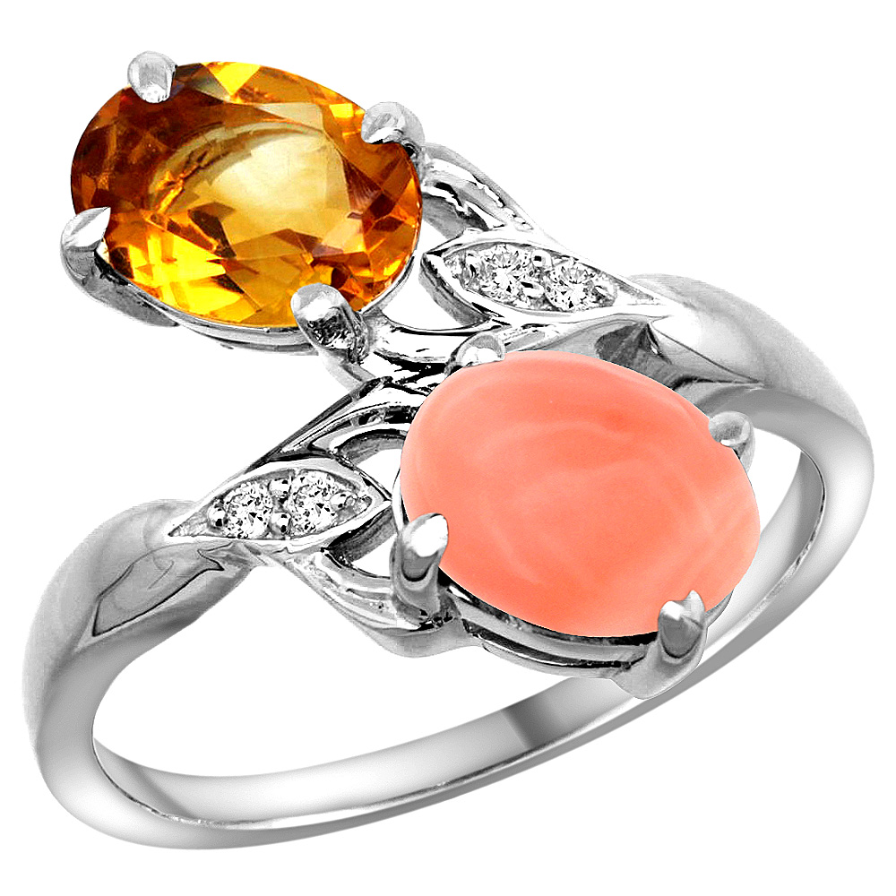 14K WHITE GOLD DIAMOND NATURAL CITRINE & CORAL 2-STONE RING OVAL 8X6MM, SIZES 5 - 10