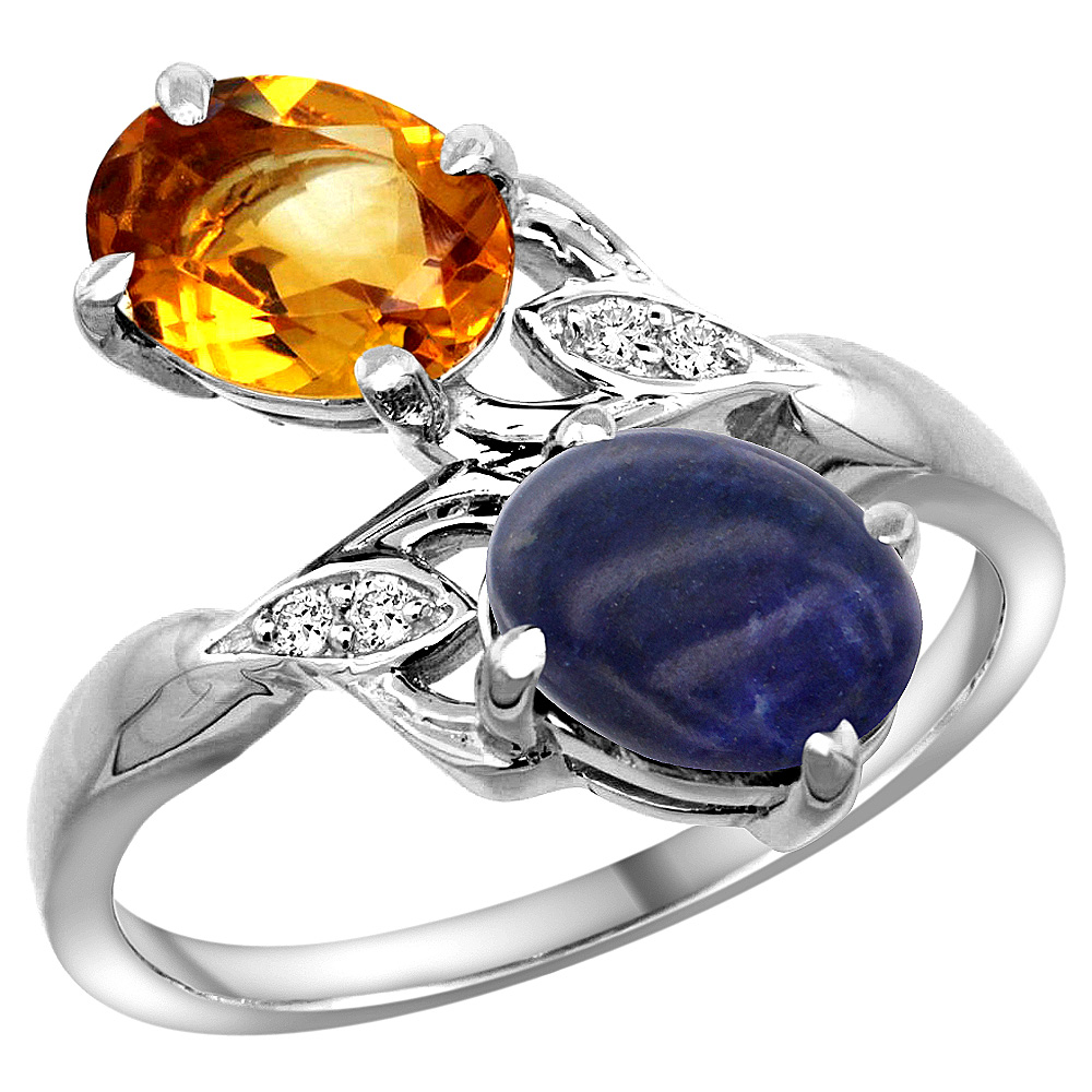 14K WHITE GOLD DIAMOND NATURAL CITRINE & LAPIS 2-STONE RING OVAL 8X6MM, SIZES 5 - 10