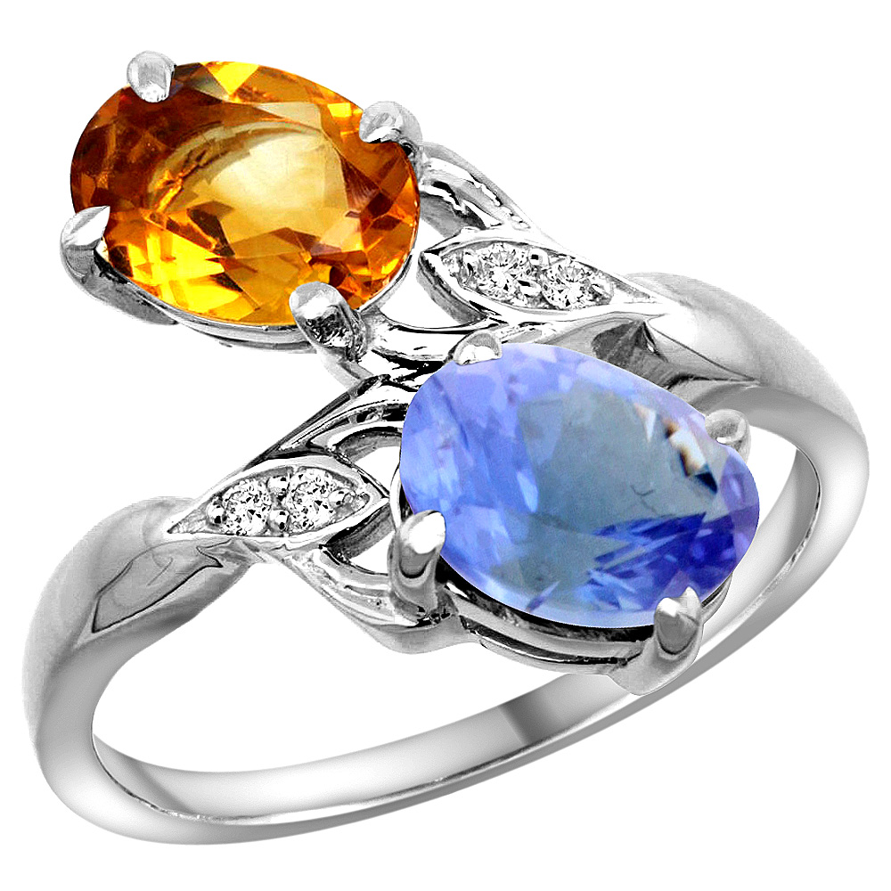 14K WHITE GOLD DIAMOND NATURAL CITRINE & TANZANITE 2-STONE RING OVAL 8X6MM, SIZES 5 - 10