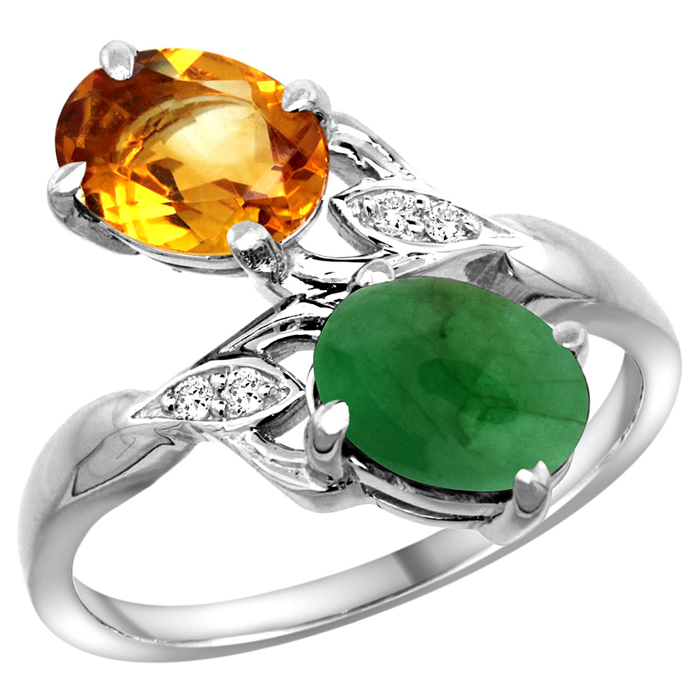 14k White Gold Diamond Natural Citrine &amp; Cabochon Emerald 2-stone Ring Oval 8x6mm, sizes 5 - 10