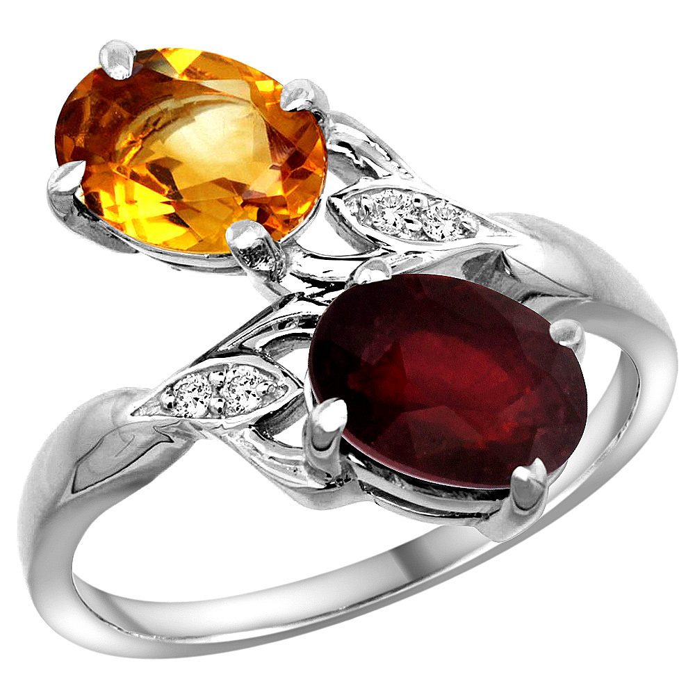 14k White Gold Diamond Natural Citrine &amp; Quality Ruby 2-stone Mothers Ring Oval 8x6mm, size 5 - 10
