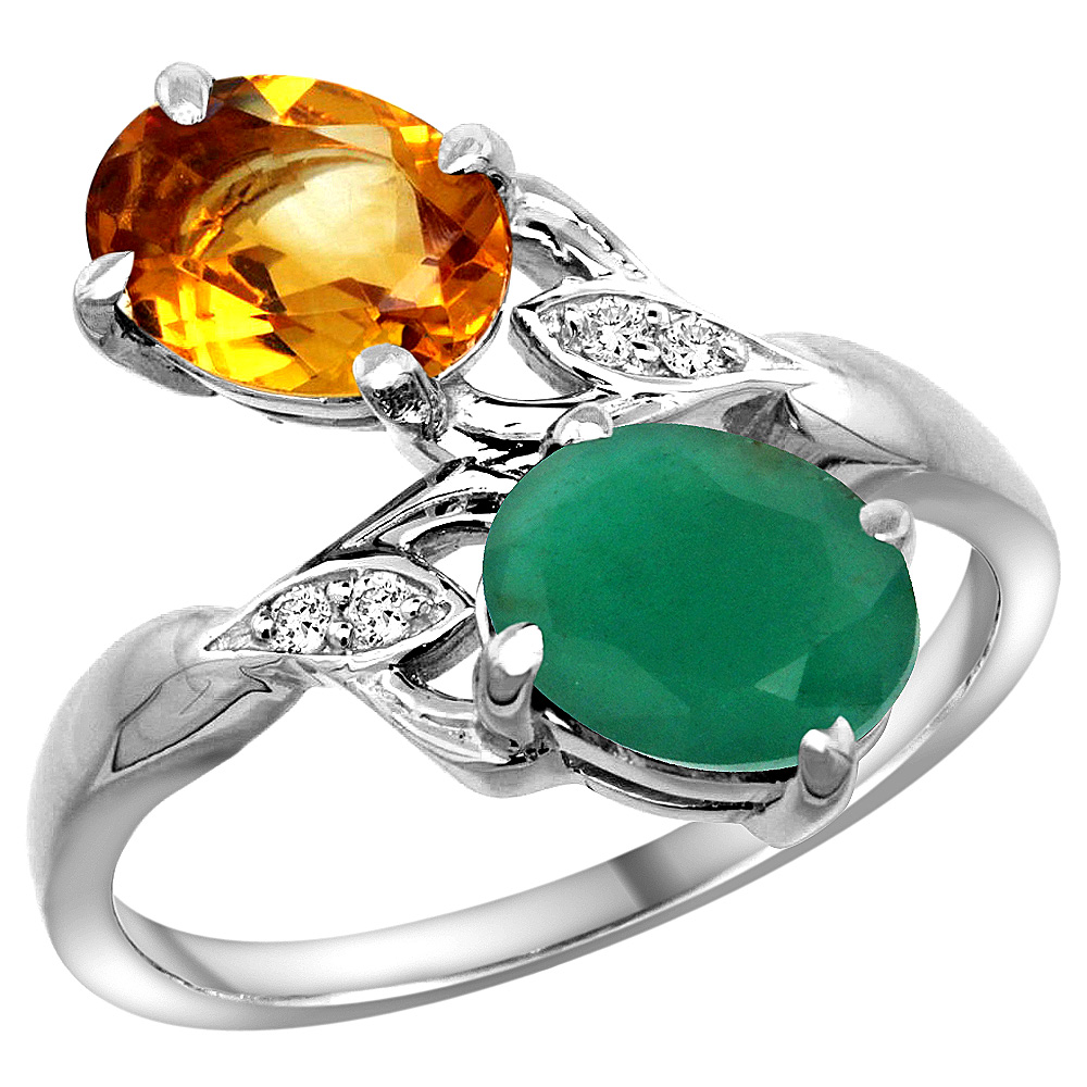 14k White Gold Diamond Natural Citrine &amp; Quality Emerald 2-stone Mothers Ring Oval 8x6mm, size 5 - 10