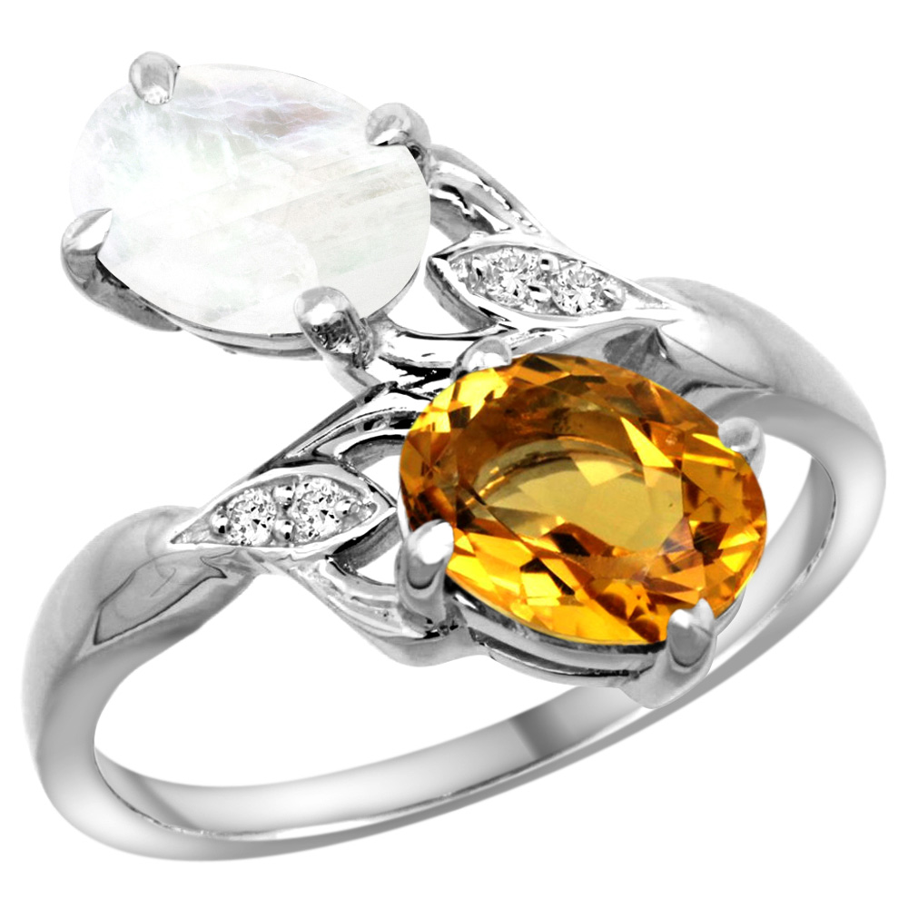 14K WHITE GOLD DIAMOND NATURAL CITRINE & RAINBOW MOONSTONE 2-STONE RING OVAL 8X6MM, SIZES 5 - 10