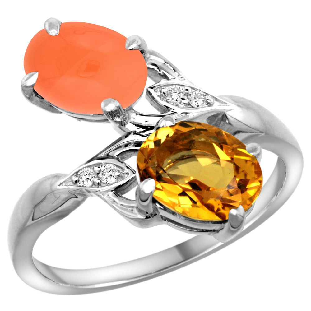 14K WHITE GOLD DIAMOND NATURAL CITRINE & ORANGE MOONSTONE 2-STONE RING OVAL 8X6MM, SIZES 5 - 10