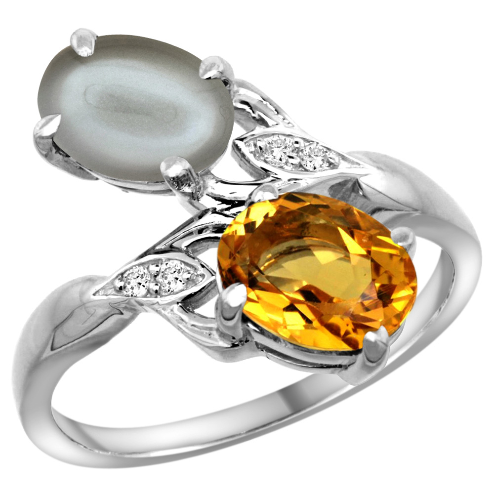 14k White Gold Diamond Natural Citrine &amp; Gray Moonstone 2-stone Ring Oval 8x6mm, sizes 5 - 10