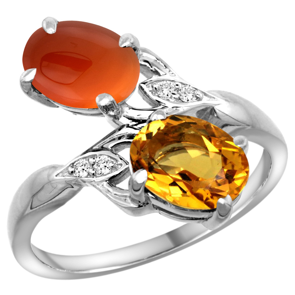 14K WHITE GOLD DIAMOND NATURAL CITRINE & BROWN AGATE 2-STONE RING OVAL 8X6MM, SIZES 5 - 10
