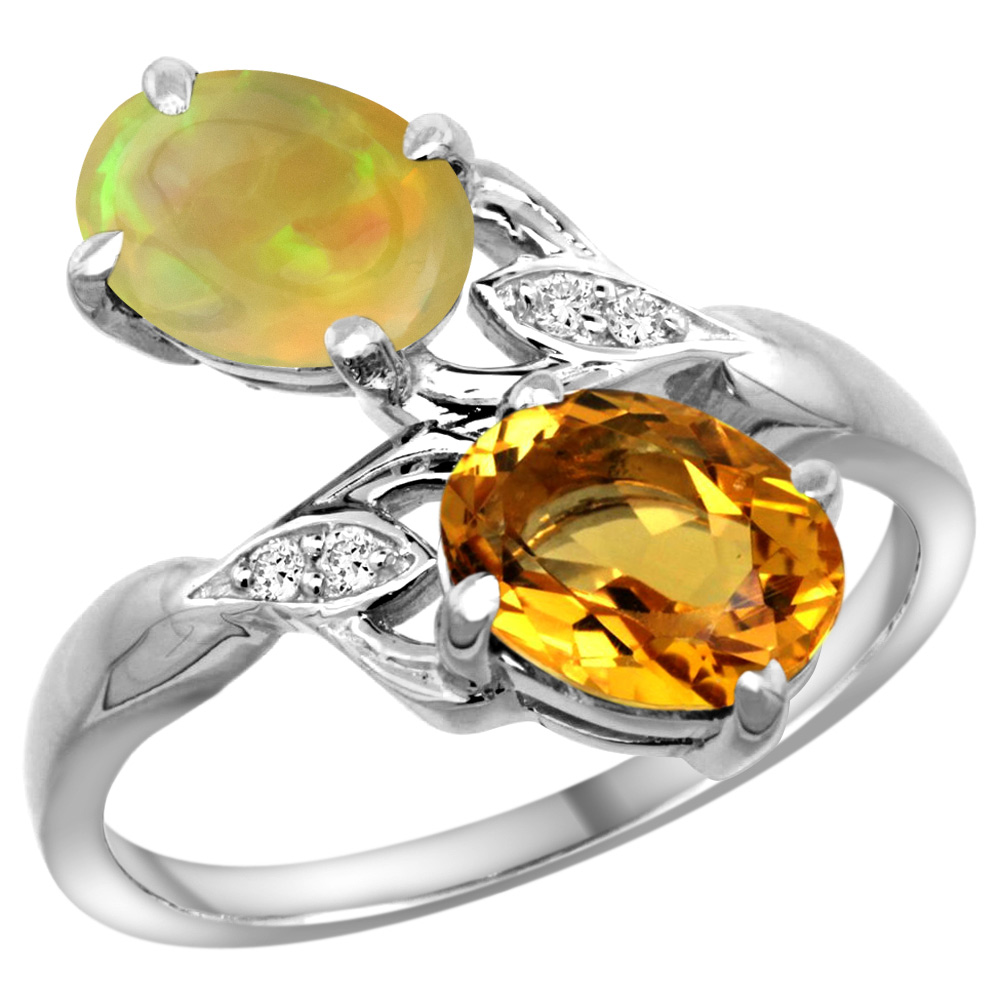 14k White Gold Diamond Natural Citrine &amp; Ethiopian Opal 2-stone Mothers Ring Oval 8x6mm, size 5 - 10