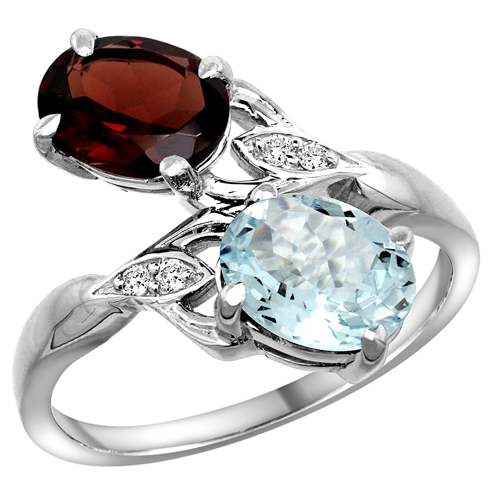 14k White Gold Diamond Natural Garnet &amp; Aquamarine 2-stone Ring Oval 8x6mm, sizes 5 - 10