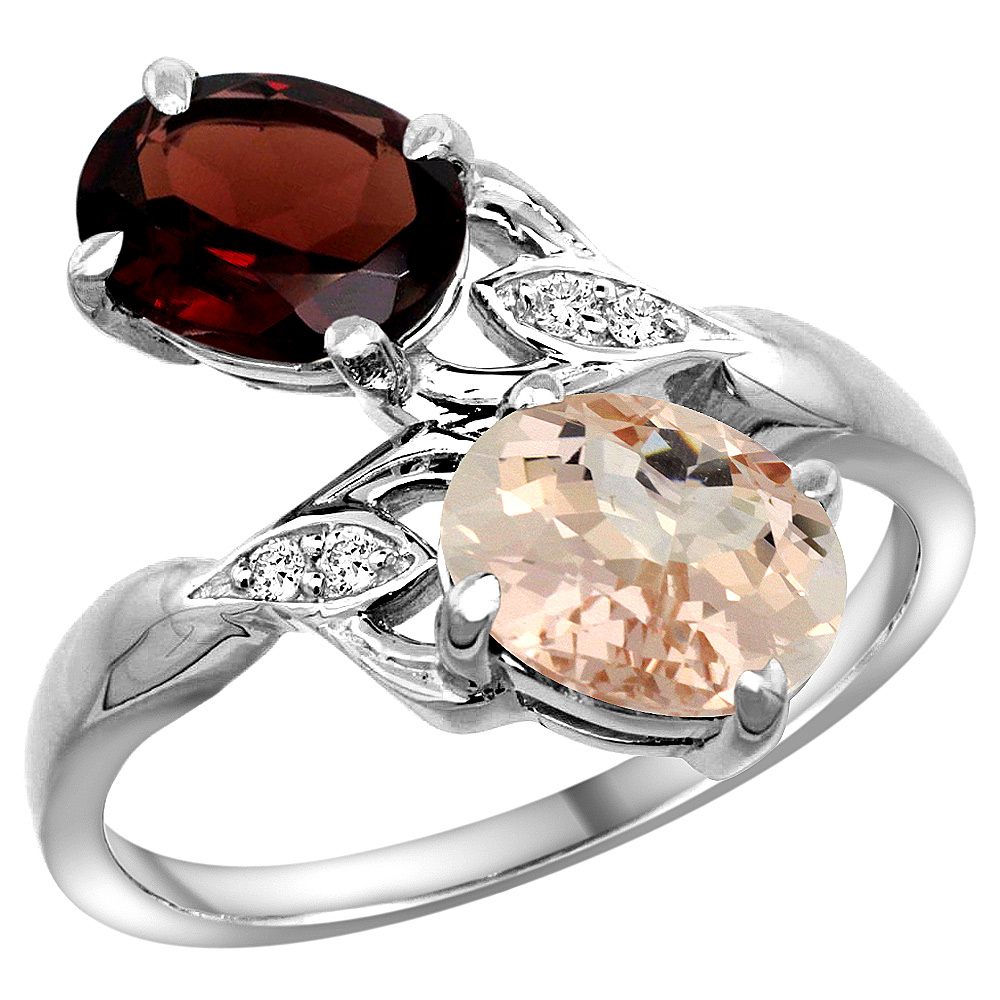 14k White Gold Diamond Natural Garnet &amp; Morganite 2-stone Ring Oval 8x6mm, sizes 5 - 10