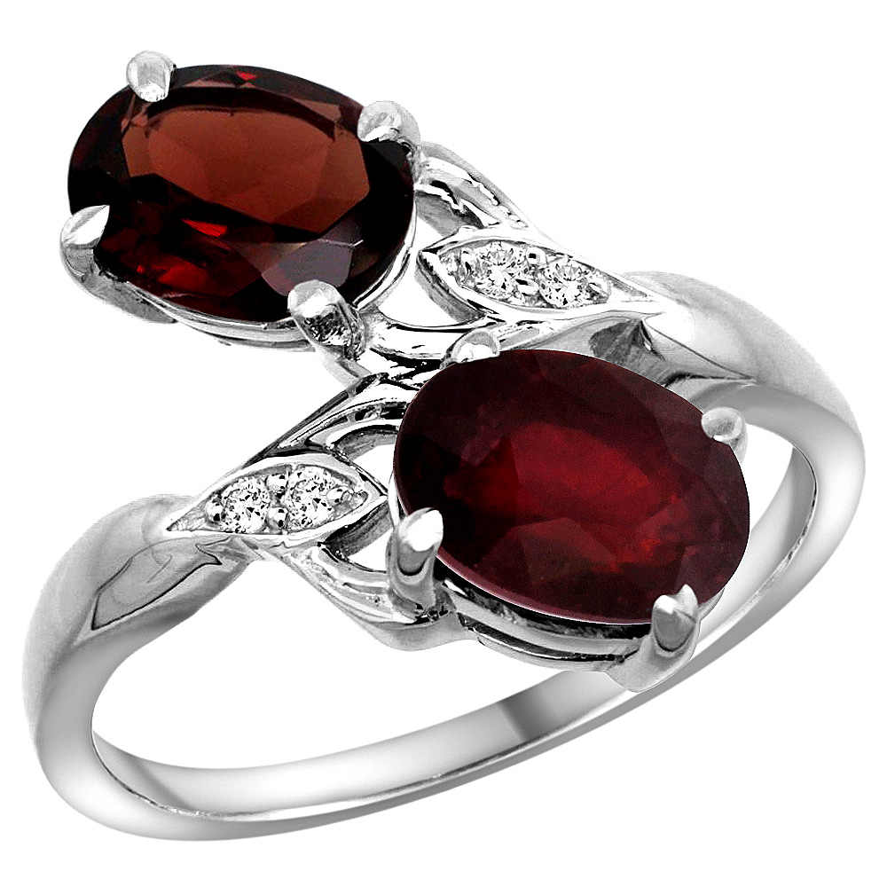 14K WHITE GOLD DIAMOND NATURAL GARNET & ENHANCED GENUINE RUBY 2-STONE RING OVAL 8X6MM, SIZES 5 - 10