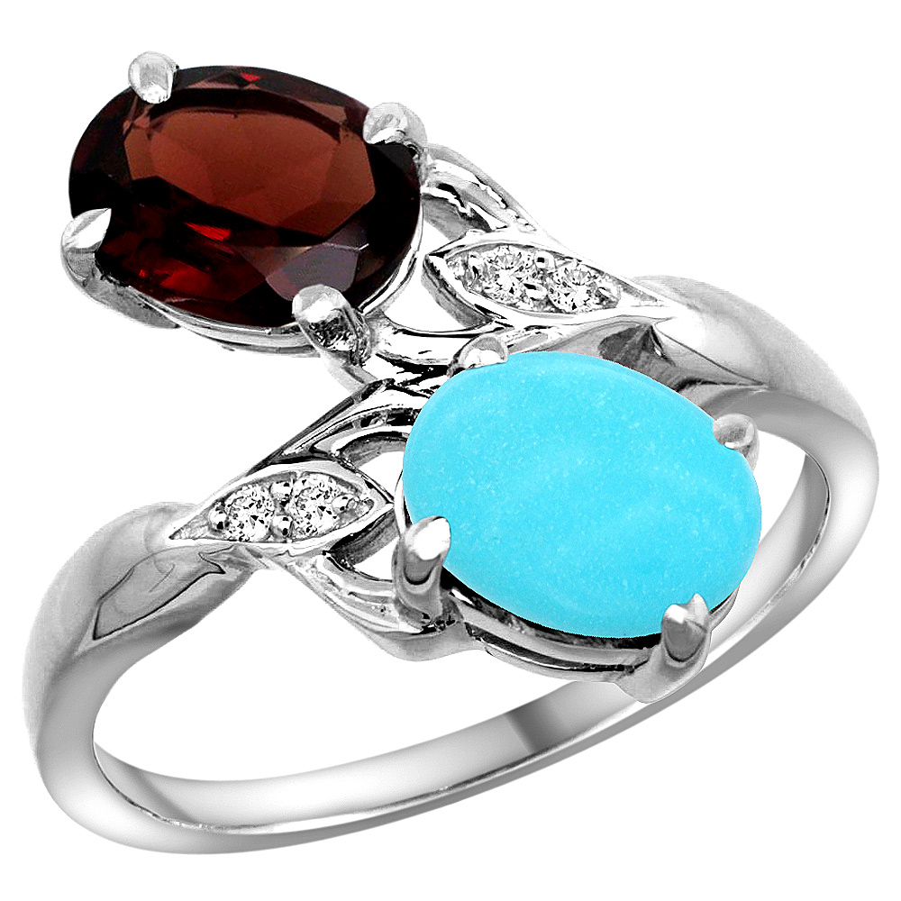 14K WHITE GOLD DIAMOND NATURAL GARNET & TURQUOISE 2-STONE RING OVAL 8X6MM, SIZES 5 - 10