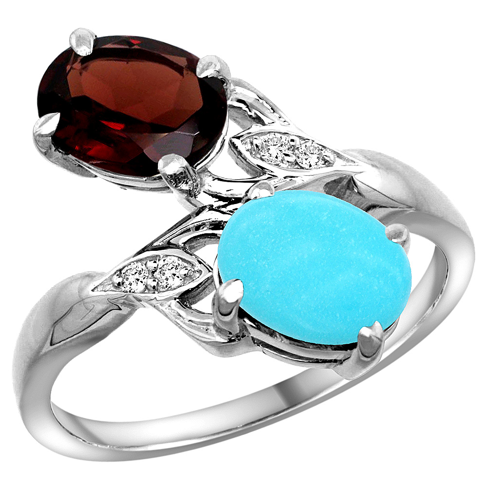 14k White Gold Diamond Natural Garnet & Turquoise 2-stone Ring Oval 8x6mm, sizes 5 - 10