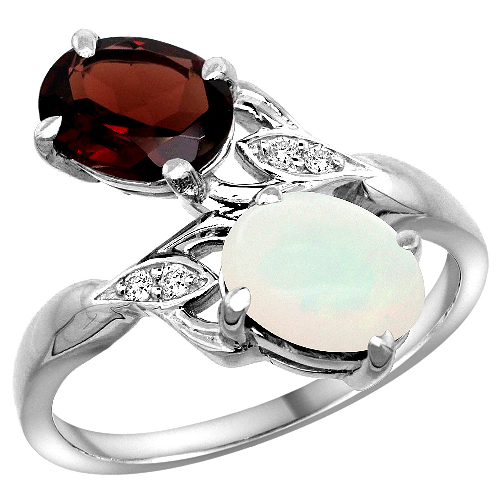 14K WHITE GOLD DIAMOND NATURAL GARNET & OPAL 2-STONE RING OVAL 8X6MM, SIZES 5 - 10