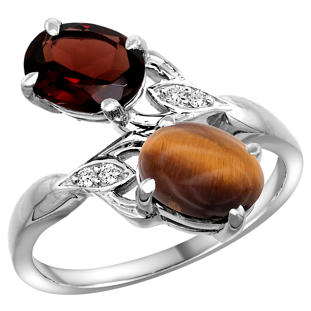 14K WHITE GOLD DIAMOND NATURAL GARNET & TIGER EYE 2-STONE RING OVAL 8X6MM, SIZES 5 - 10