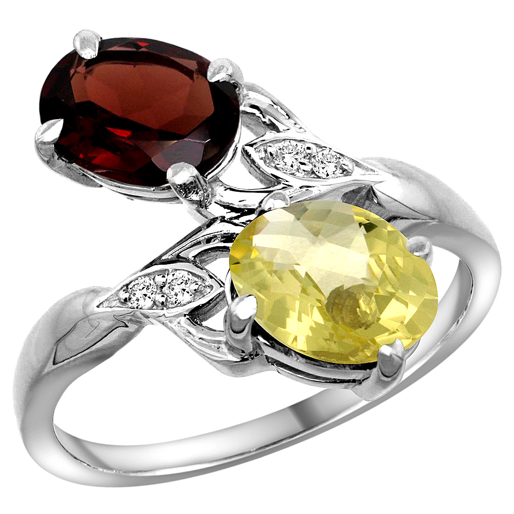 14K WHITE GOLD DIAMOND NATURAL GARNET & LEMON QUARTZ 2-STONE RING OVAL 8X6MM, SIZES 5 - 10