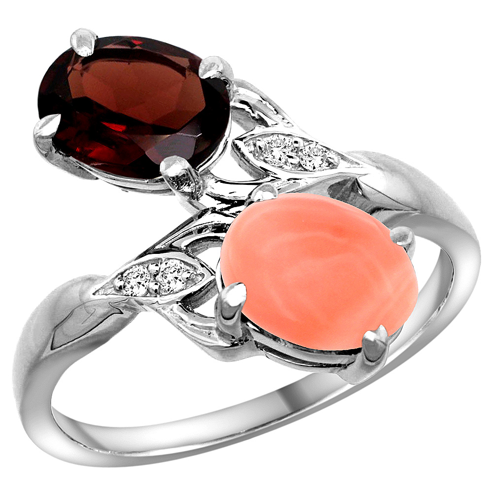 14K WHITE GOLD DIAMOND NATURAL GARNET & CORAL 2-STONE RING OVAL 8X6MM, SIZES 5 - 10