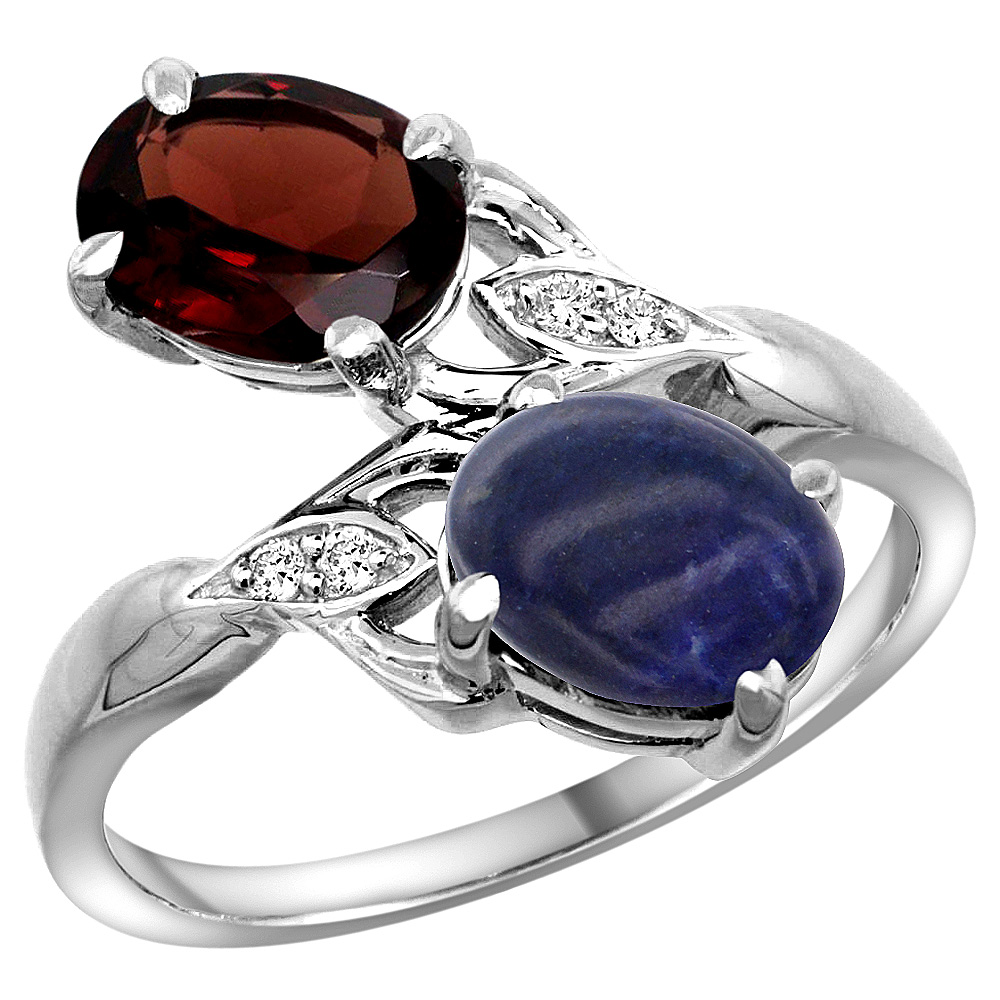 14K WHITE GOLD DIAMOND NATURAL GARNET & LAPIS 2-STONE RING OVAL 8X6MM, SIZES 5 - 10