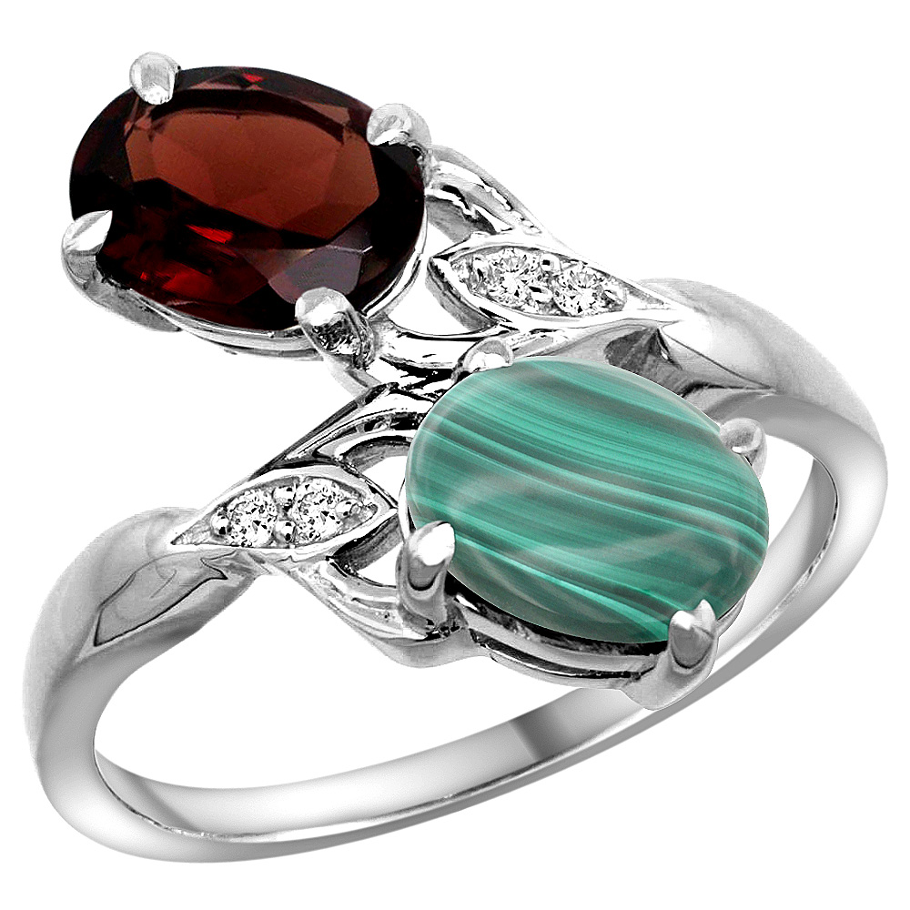 14K WHITE GOLD DIAMOND NATURAL GARNET & MALACHITE 2-STONE RING OVAL 8X6MM, SIZES 5 - 10