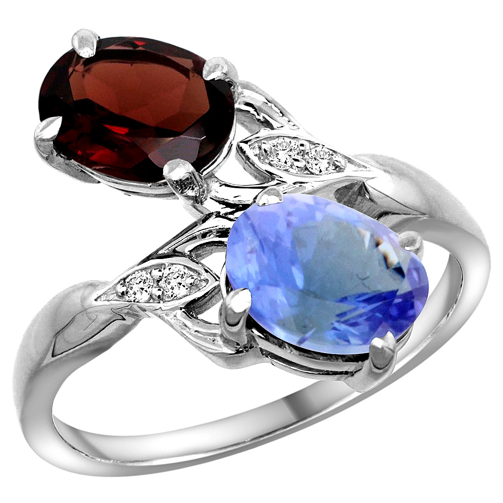 14K WHITE GOLD DIAMOND NATURAL GARNET & TANZANITE 2-STONE RING OVAL 8X6MM, SIZES 5 - 10