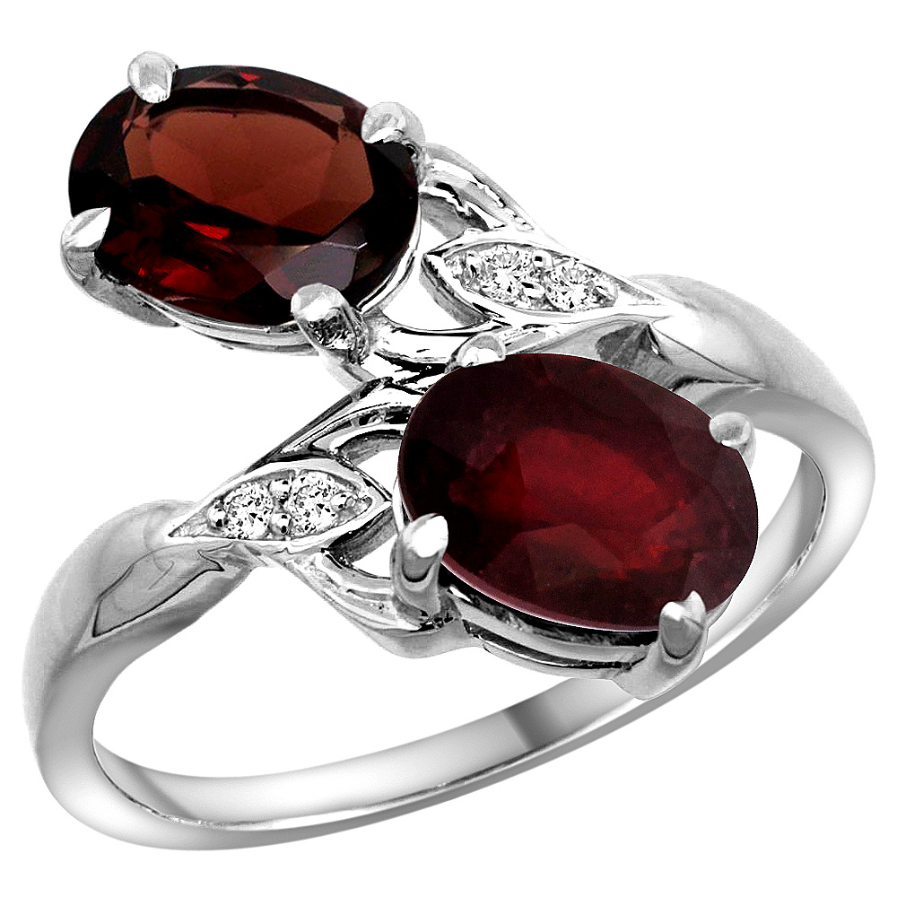 10K White Gold Diamond Natural Garnet &amp; Quality Ruby 2-stone Mothers Ring Oval 8x6mm, size 5 - 10