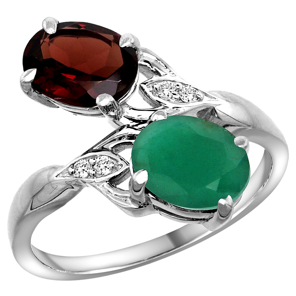 10K White Gold Diamond Natural Garnet & Quality Emerald 2-stone Mothers Ring Oval 8x6mm, size 5 - 10