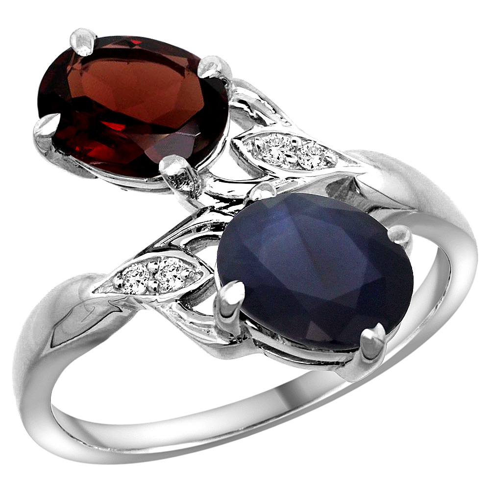 10K White Gold Diamond Natural Garnet &amp; Quality Blue Sapphire 2-stone Mothers Ring Oval 8x6mm, size 5-10