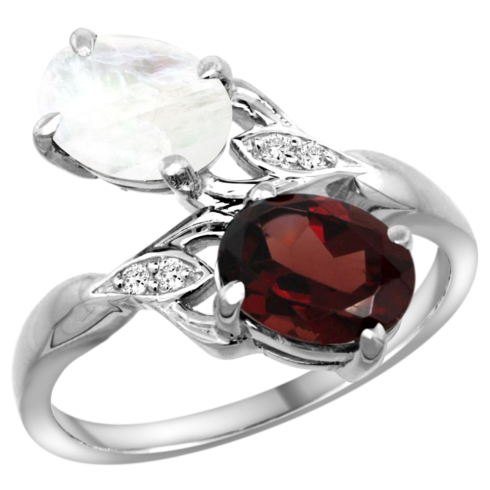 14K WHITE GOLD DIAMOND NATURAL GARNET & RAINBOW MOONSTONE 2-STONE RING OVAL 8X6MM, SIZES 5 - 10