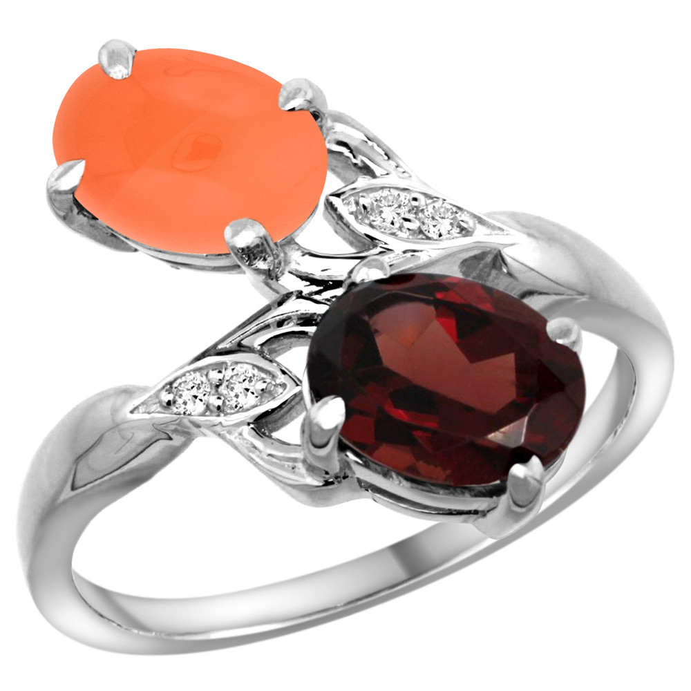14K WHITE GOLD DIAMOND NATURAL GARNET & ORANGE MOONSTONE 2-STONE RING OVAL 8X6MM, SIZES 5 - 10