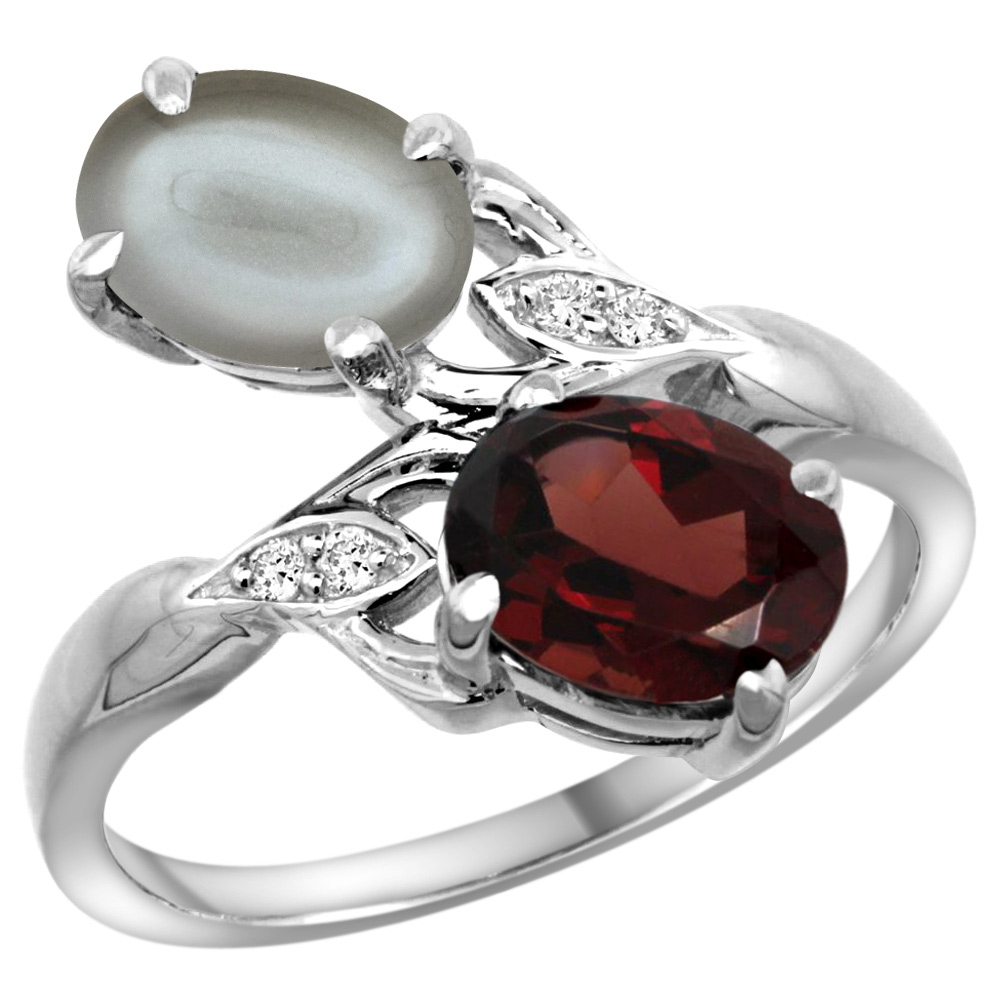 14K WHITE GOLD DIAMOND NATURAL GARNET & GRAY MOONSTONE 2-STONE RING OVAL 8X6MM, SIZES 5 - 10