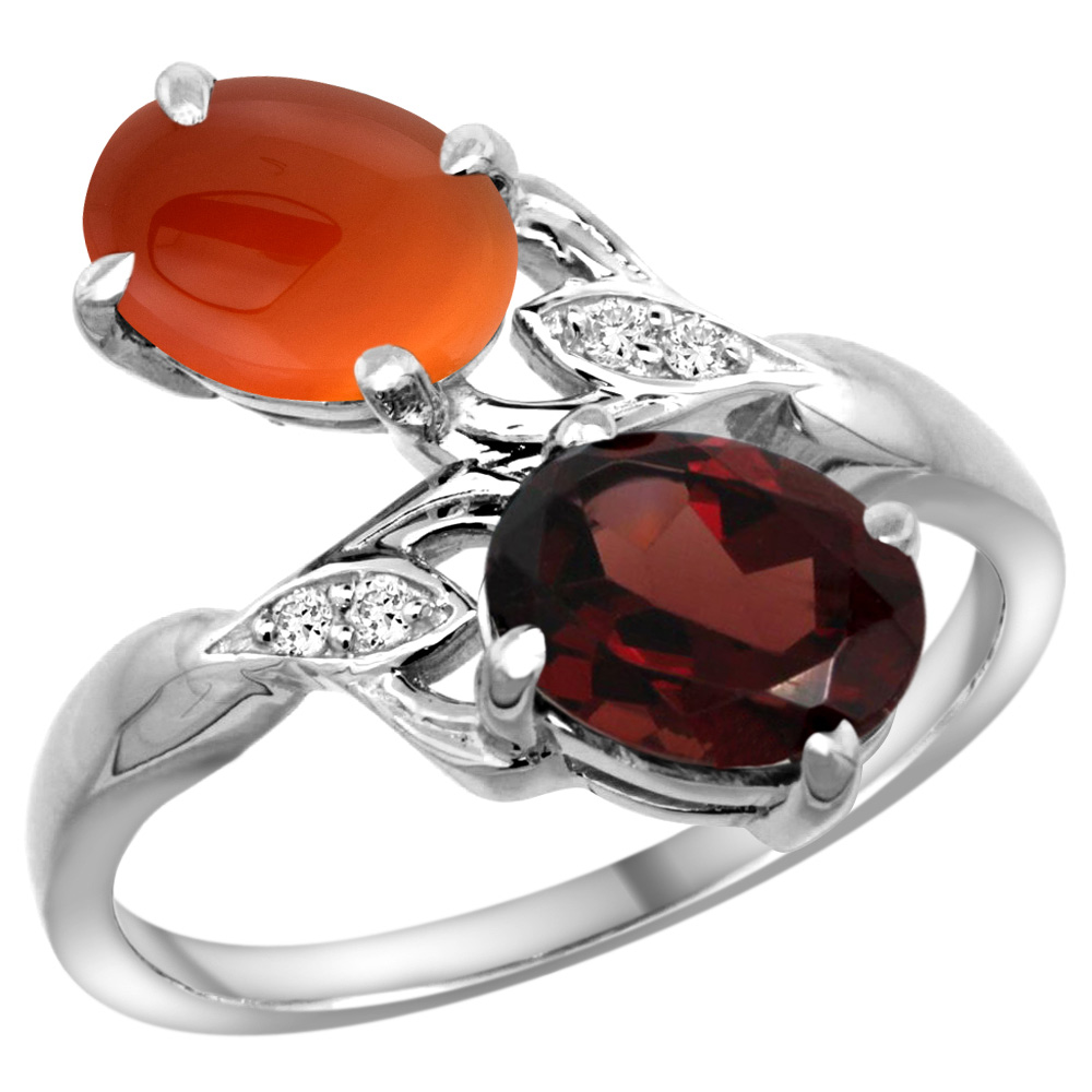 14K WHITE GOLD DIAMOND NATURAL GARNET & BROWN AGATE 2-STONE RING OVAL 8X6MM, SIZES 5 - 10
