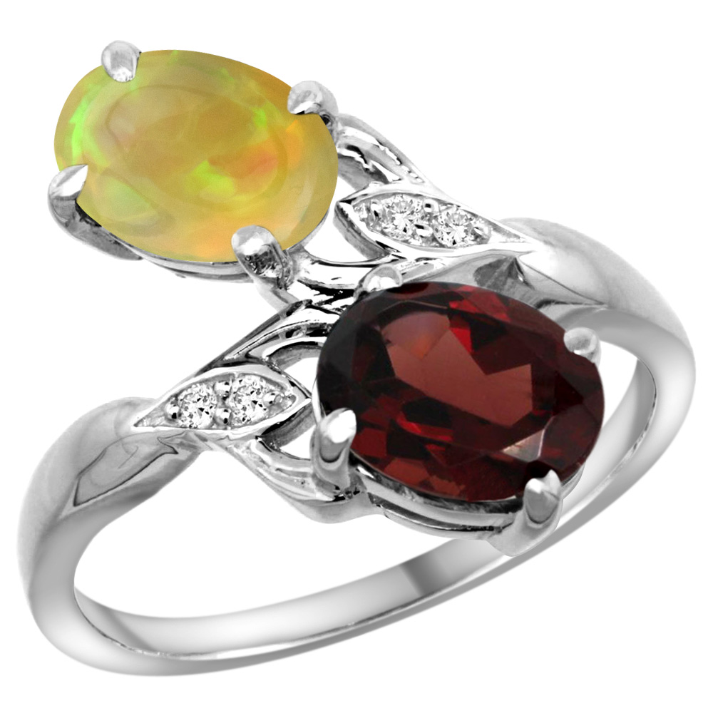 14K WHITE GOLD DIAMOND NATURAL GARNET & ETHIOPIAN OPAL 2-STONE MOTHERS RING OVAL 8X6MM, SIZE 5 - 10