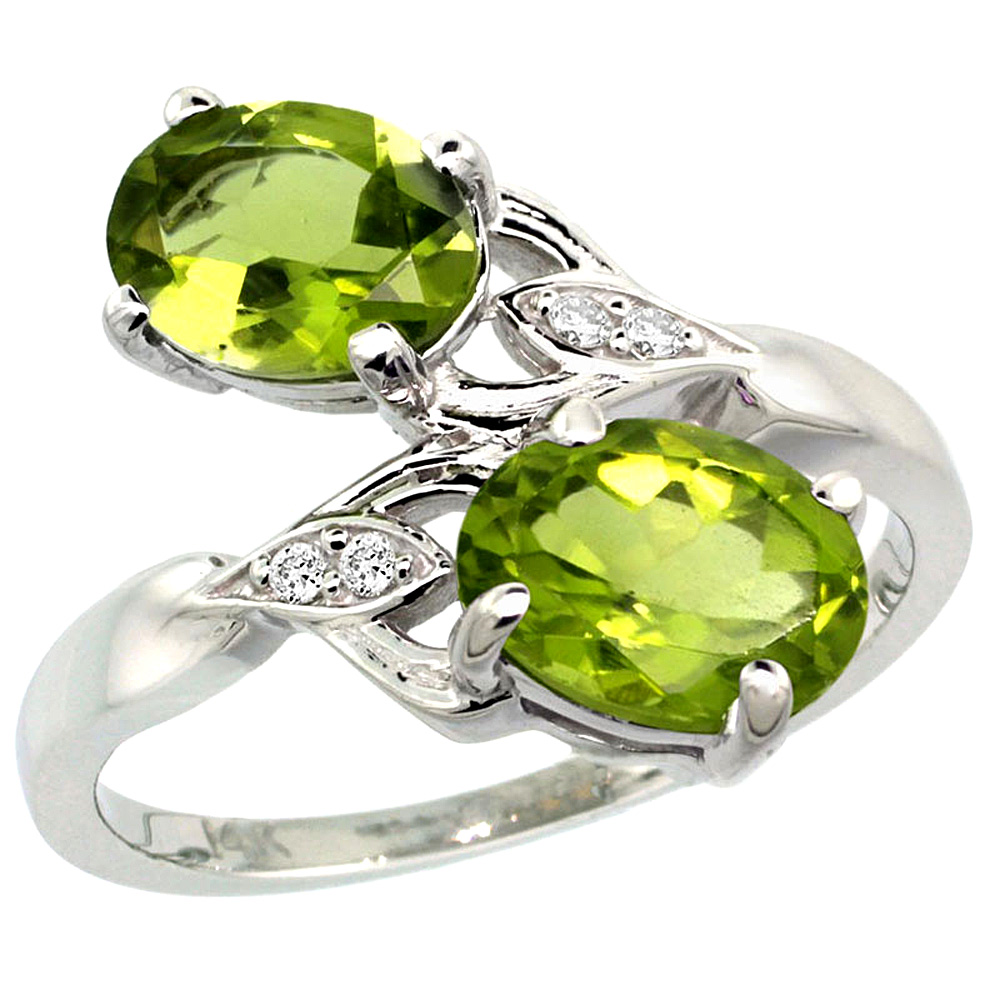 14K WHITE GOLD DIAMOND NATURAL PERIDOT 2-STONE RING OVAL 8X6MM, SIZES 5 - 10