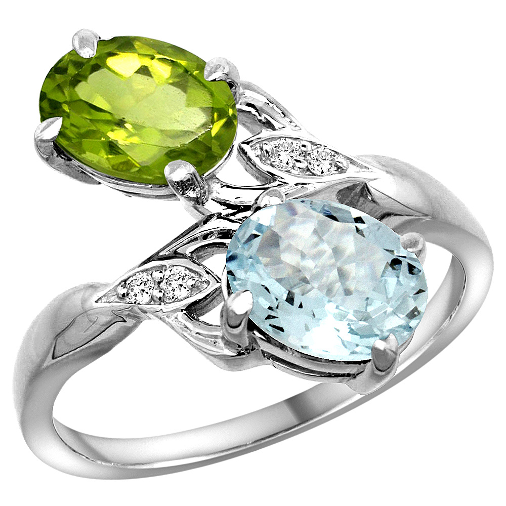14K WHITE GOLD DIAMOND NATURAL PERIDOT & AQUAMARINE 2-STONE RING OVAL 8X6MM, SIZES 5 - 10