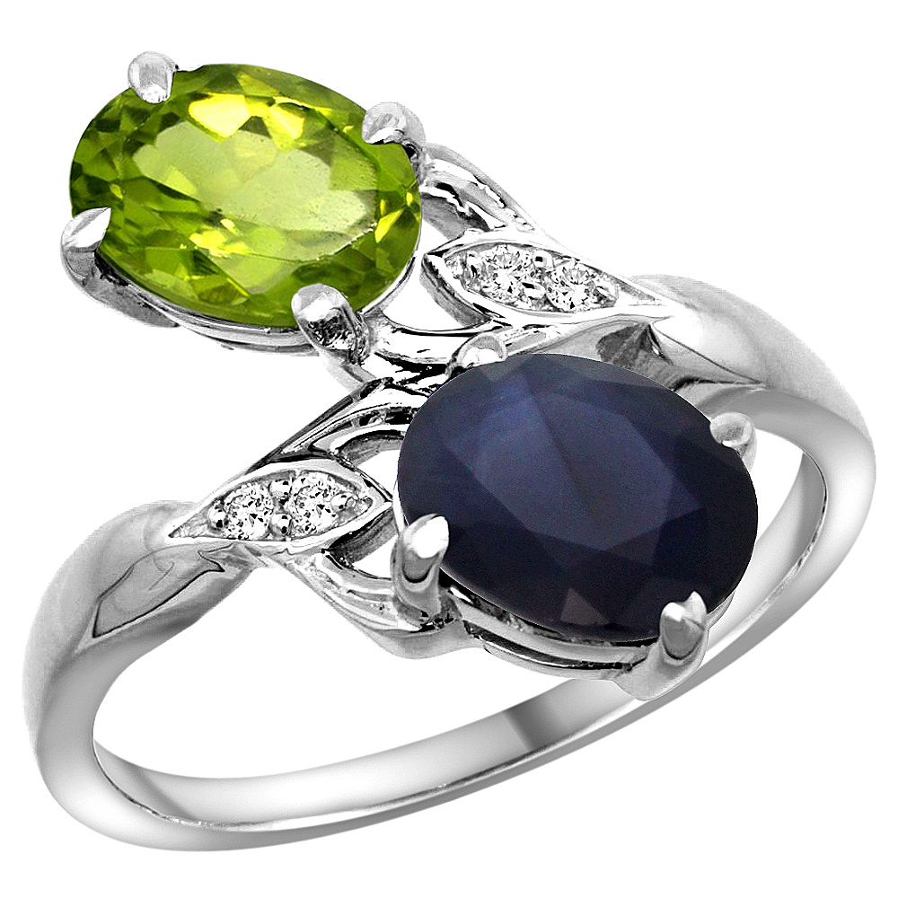 10K White Gold Diamond Natural Peridot & Blue Sapphire 2-stone Ring Oval 8x6mm, sizes 5 - 10