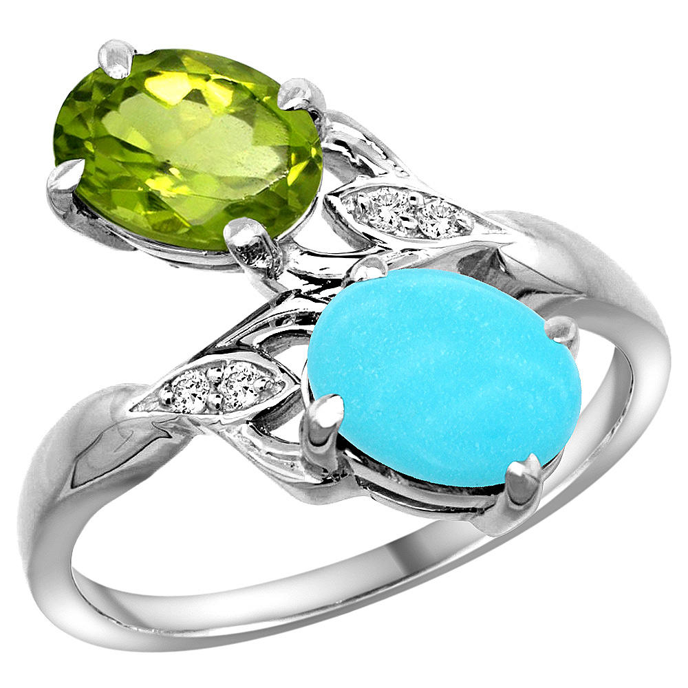 14K WHITE GOLD DIAMOND NATURAL PERIDOT & TURQUOISE 2-STONE RING OVAL 8X6MM, SIZES 5 - 10
