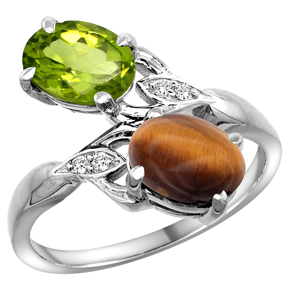 14K WHITE GOLD DIAMOND NATURAL PERIDOT & TIGER EYE 2-STONE RING OVAL 8X6MM, SIZES 5 - 10