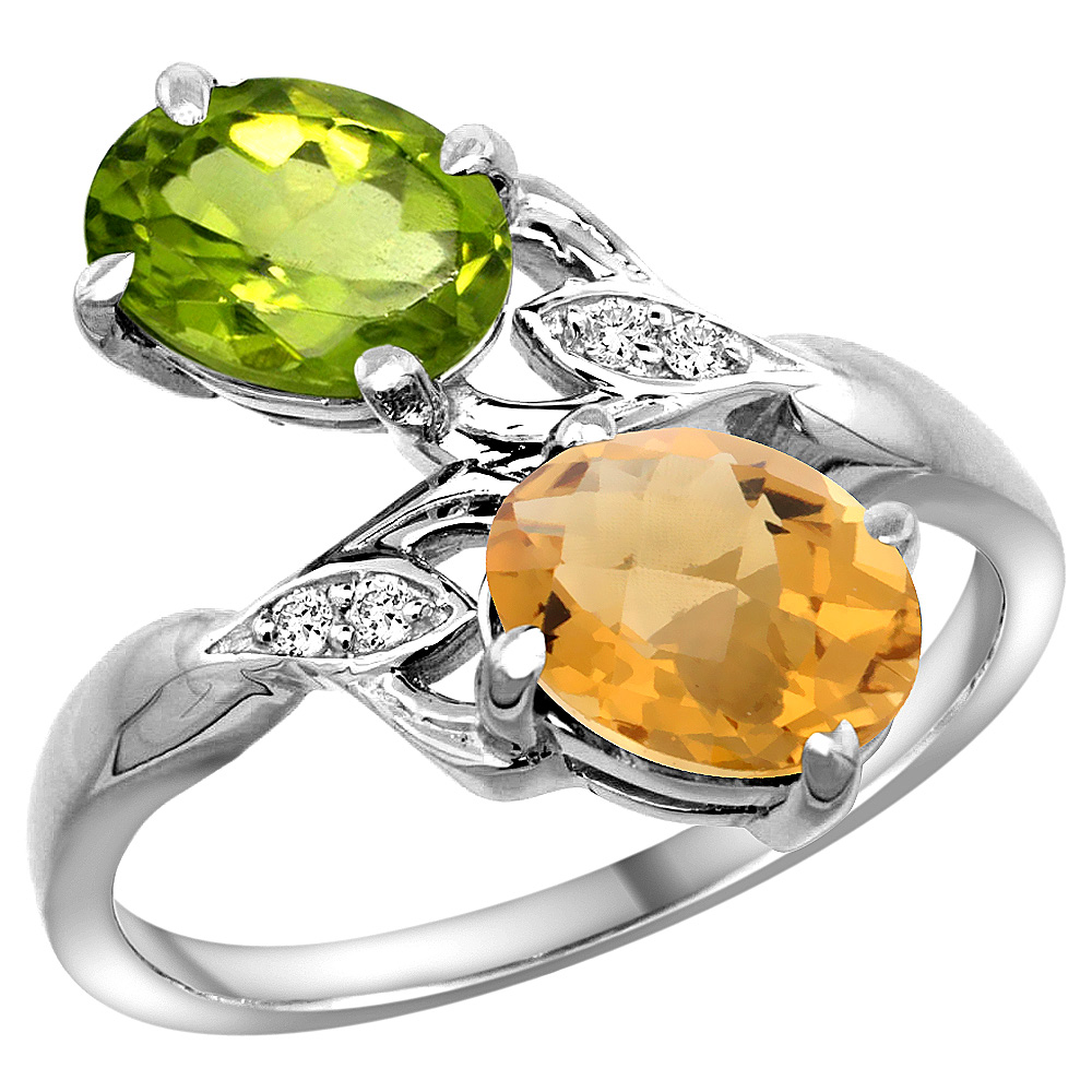 14K WHITE GOLD DIAMOND NATURAL PERIDOT & WHISKY QUARTZ 2-STONE RING OVAL 8X6MM, SIZES 5 - 10