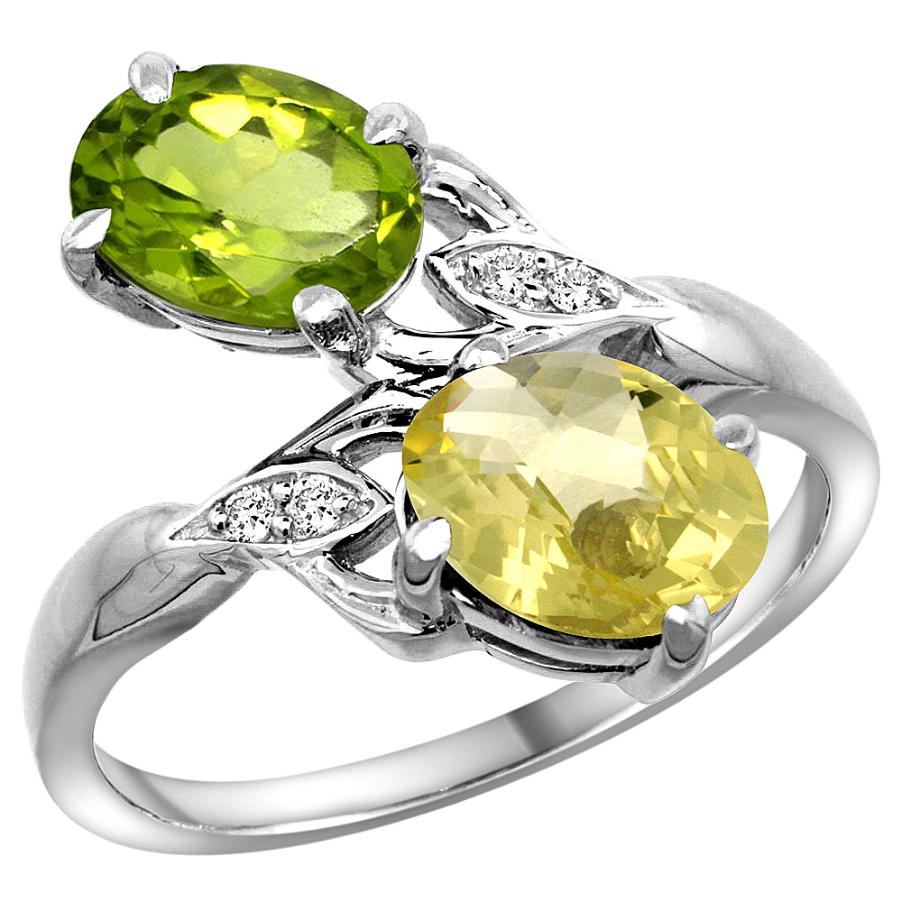 14K WHITE GOLD DIAMOND NATURAL PERIDOT & LEMON QUARTZ 2-STONE RING OVAL 8X6MM, SIZES 5 - 10