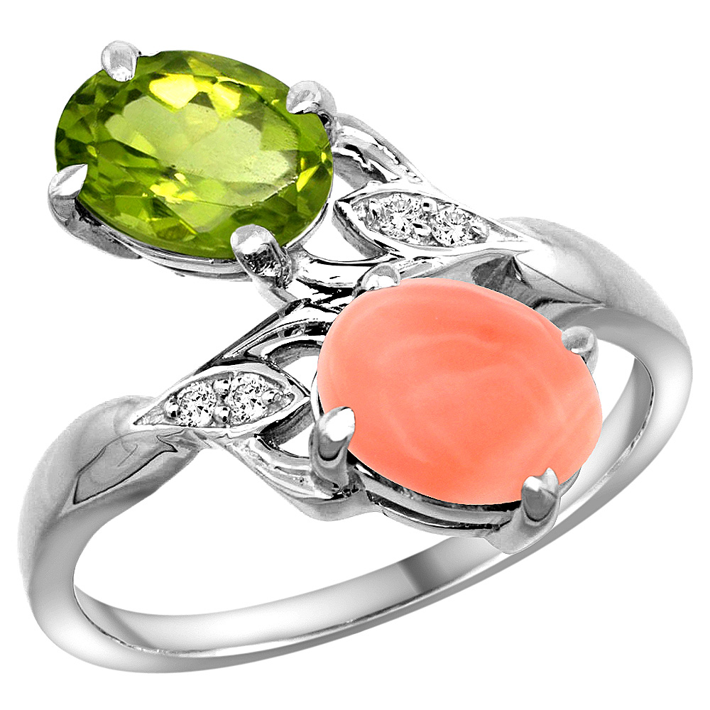 10K White Gold Diamond Natural Peridot &amp; Coral 2-stone Ring Oval 8x6mm, sizes 5 - 10