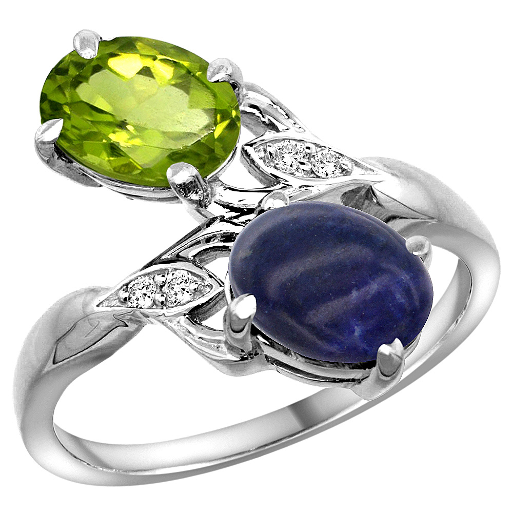 14K WHITE GOLD DIAMOND NATURAL PERIDOT & LAPIS 2-STONE RING OVAL 8X6MM, SIZES 5 - 10
