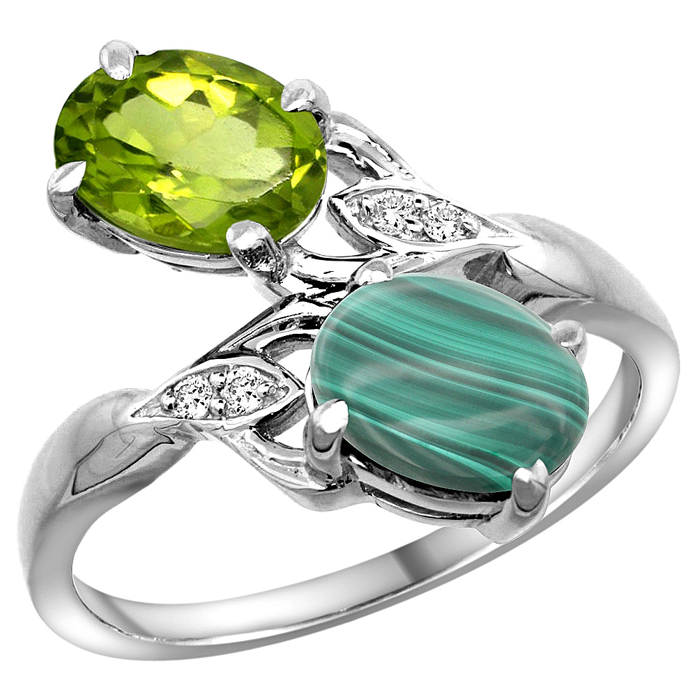 14K WHITE GOLD DIAMOND NATURAL PERIDOT & MALACHITE 2-STONE RING OVAL 8X6MM, SIZES 5 - 10