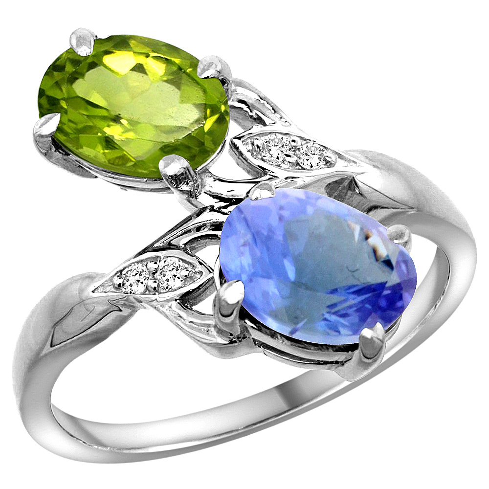 14K WHITE GOLD DIAMOND NATURAL PERIDOT & TANZANITE 2-STONE RING OVAL 8X6MM, SIZES 5 - 10