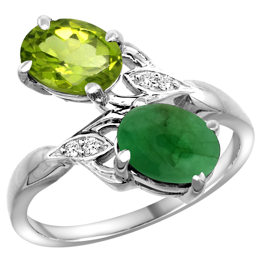 14K WHITE GOLD DIAMOND NATURAL PERIDOT & CABOCHON EMERALD 2-STONE RING OVAL 8X6MM, SIZES 5 - 10
