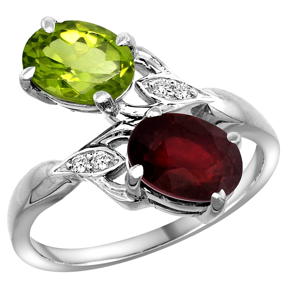 14K WHITE GOLD DIAMOND NATURAL PERIDOT & QUALITY RUBY 2-STONE MOTHERS RING OVAL 8X6MM, SIZE 5 - 10