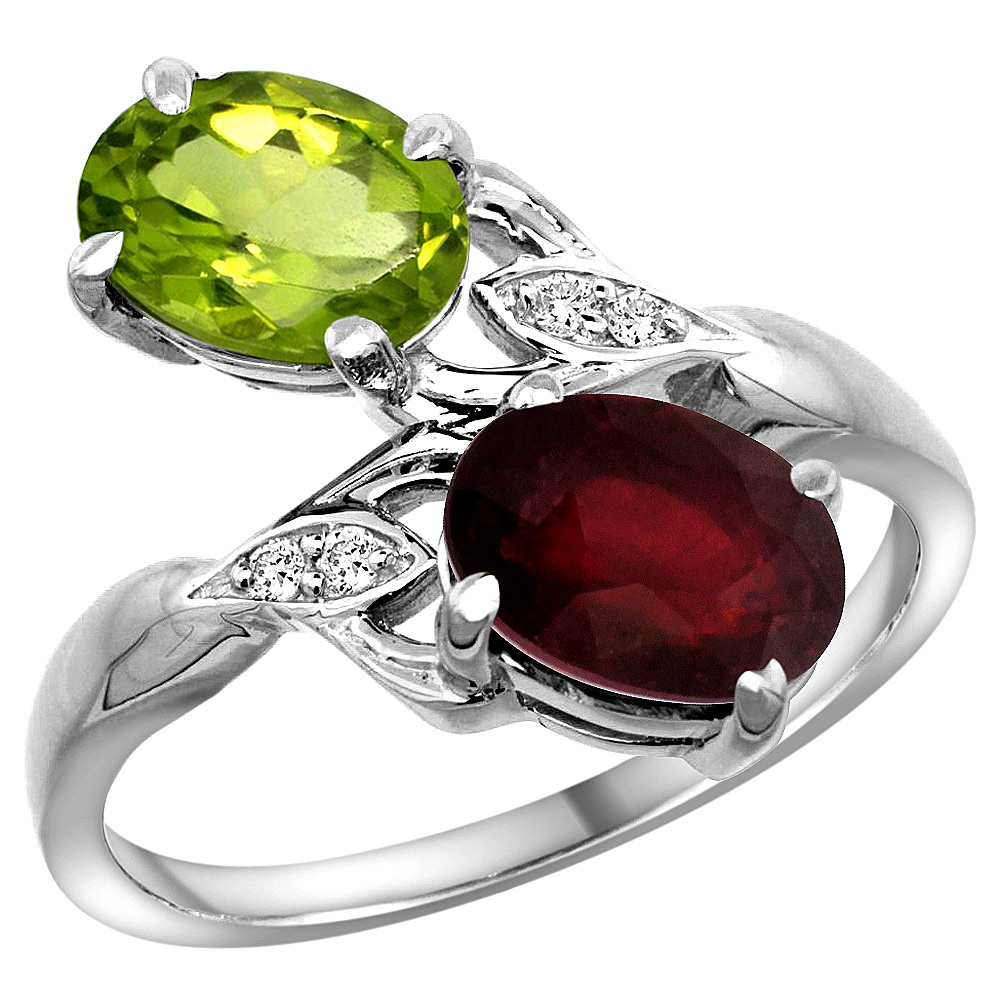 10K White Gold Diamond Natural Peridot & Quality Ruby 2-stone Mothers Ring Oval 8x6mm, size 5 - 10