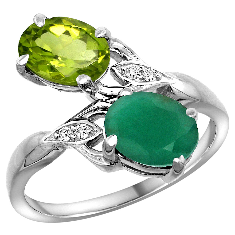 14k White Gold Diamond Natural Peridot & Quality Emerald 2-stone Mothers Ring Oval 8x6mm, size 5 - 10