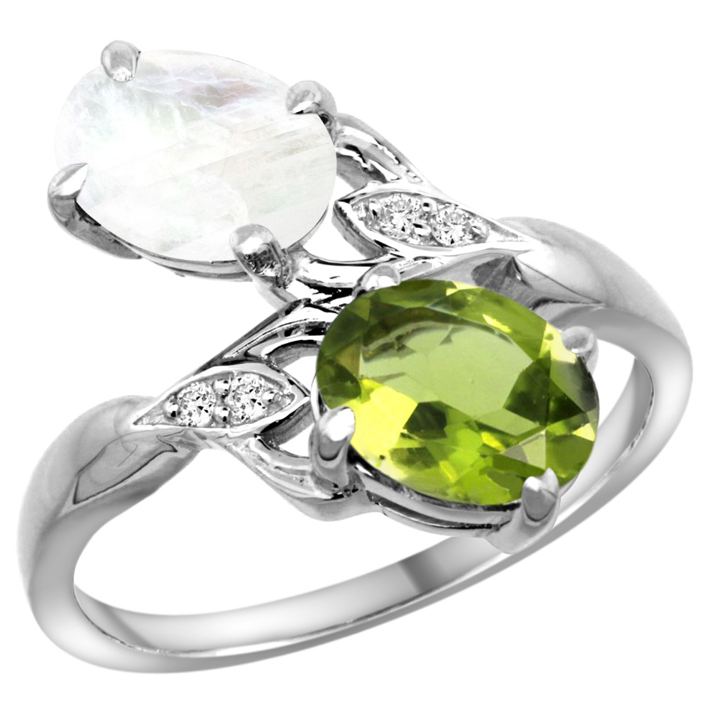 14K WHITE GOLD DIAMOND NATURAL PERIDOT & RAINBOW MOONSTONE 2-STONE RING OVAL 8X6MM, SIZES 5 - 10